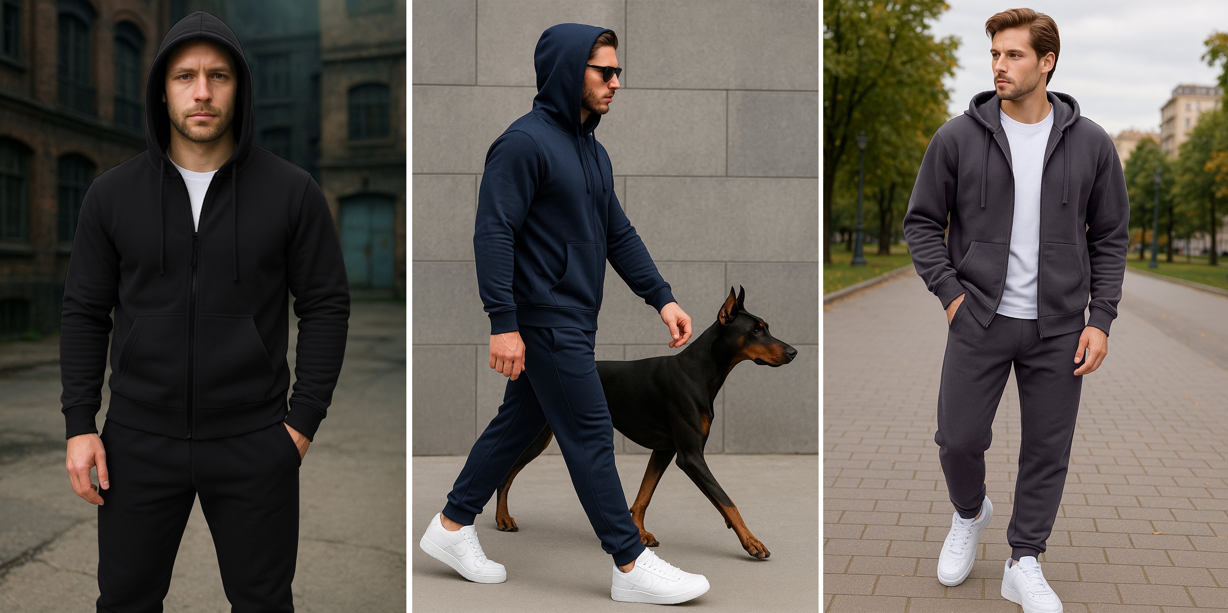 Happy Fox. Новинки! Стиль и функциональность! Спортивный мужской костюм выполнен из плотного футера трехнитки. Худи с застежкой на молнию, глубокий капюшон и мягкие манжеты делают черный костюм для мужчин невероятно уютным и практичным. Happy Fox. Новинки! Стиль и функциональность! Спортивный мужской костюм выполнен из плотного футера трехнитки. Худи с застежкой на молнию, глубокий капюшон и мягкие манжеты делают черный костюм для мужчин невероятно уютным и практичным.