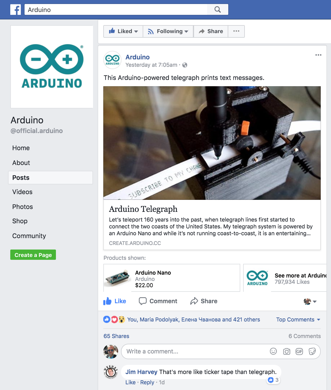 Arduino          FB.    65 shares  .   :-)