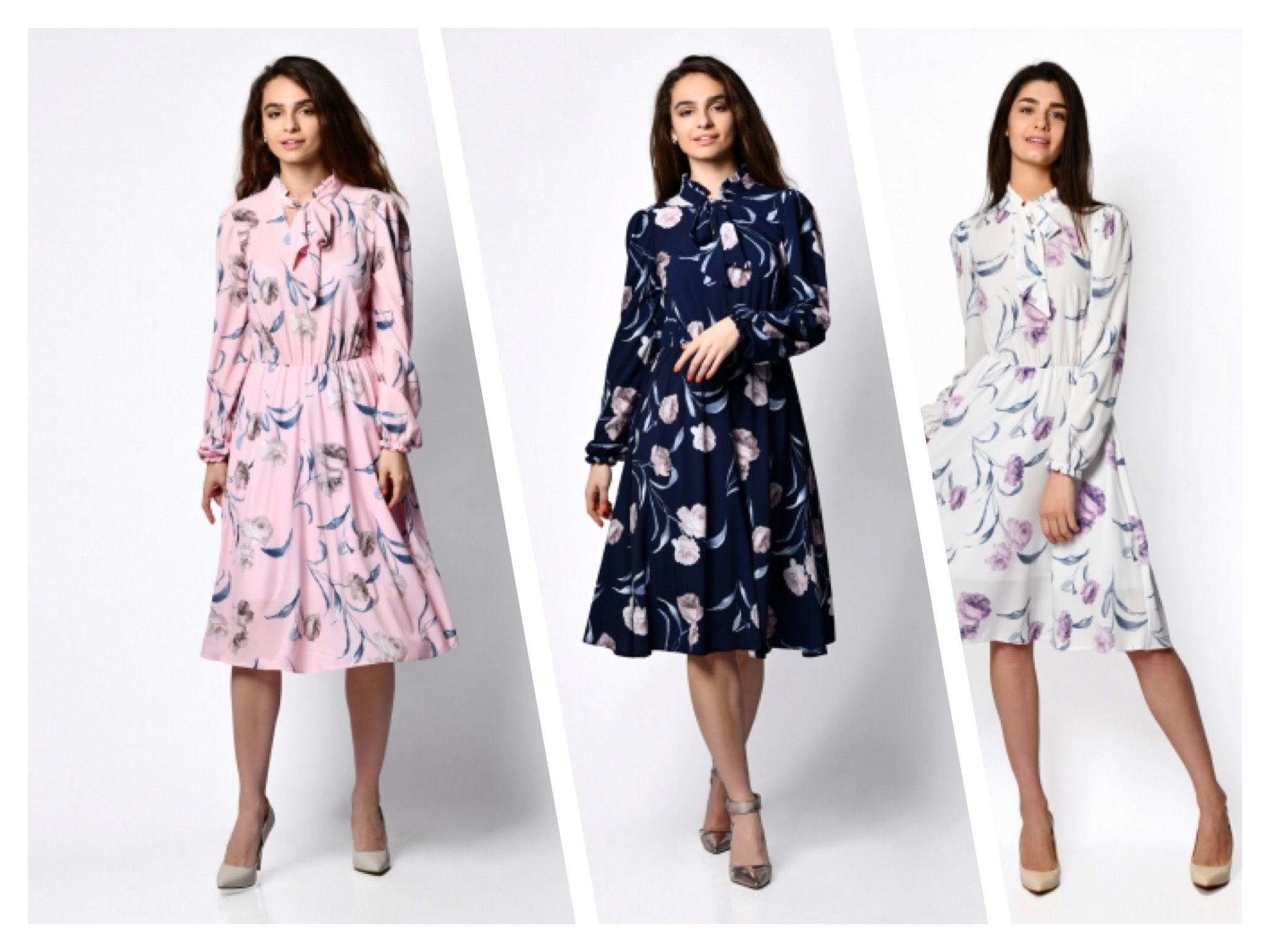 Романтичное приталенное платье Altermoda с длинным рукавом, по стойке и рукаву идет небольшая рюша. На воротнике бант, который вы можете по-разному завязывать в зависимости от настроения. По талии вшита резинка, юбка на подкладе, длина миди.