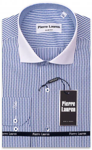 Интересная мужская рубашка Elegance, приталенного кроя Super Slim Fit в синюю полоску. Данная модель рубашки выполнена с белым итальянским воротником и без накладного кармана на груди.