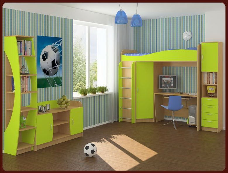 Стенка зеленого цвета. Детская комната.