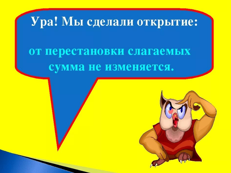 Перестановка мест слагаемых. От перемены мест слагаемых сумма не меняется. От перестановки слагаемых сумма не меняется. Правило от перестановки слагаемых сумма не меняется.