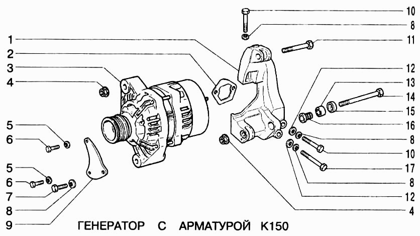 Схема крепления кронштейна генератора приора