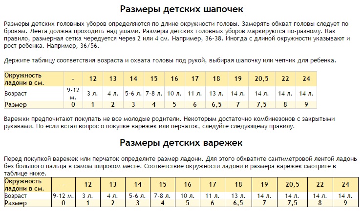 Размеры перчаток для детей по возрасту таблица