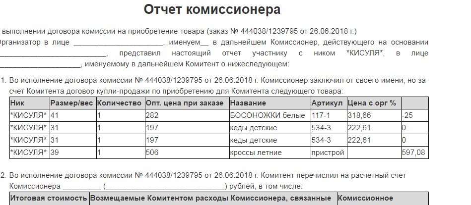 Отчет о реализации товара образец