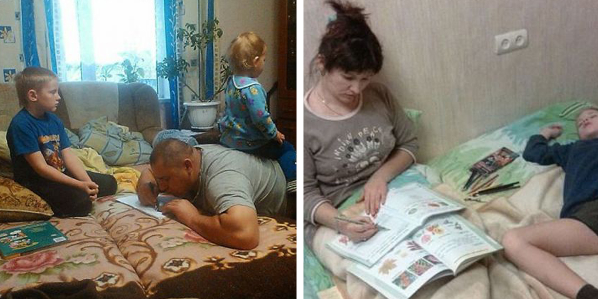 Мать заставляет спать. Родители делают уроки за детей. Отец учит с ребенком уроки. Мама с папой делают уроки. Дети ждут родителей.