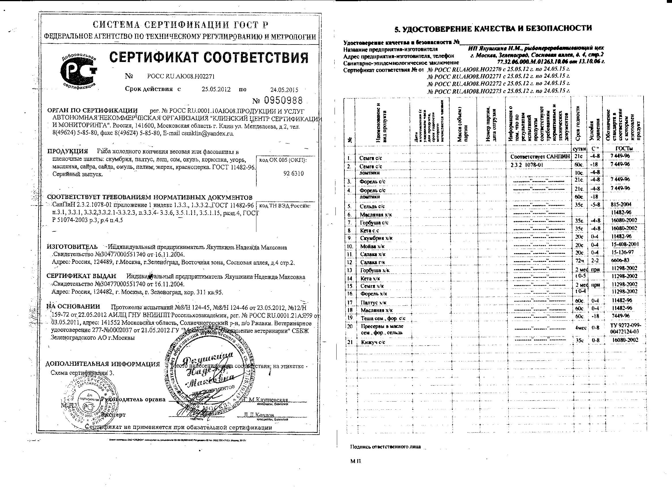 Сертификат соответствия на молочную кашу